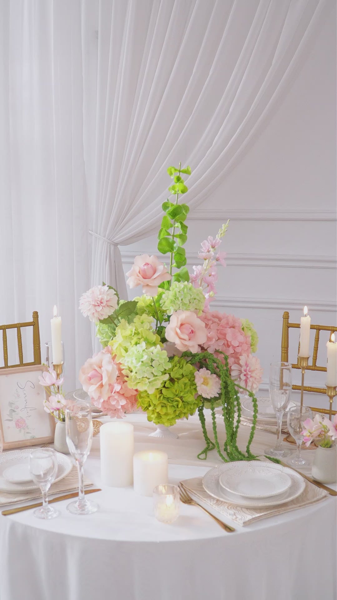 Elegant faux rose hydrangea dahlia vase arrangement for banquet dining decor