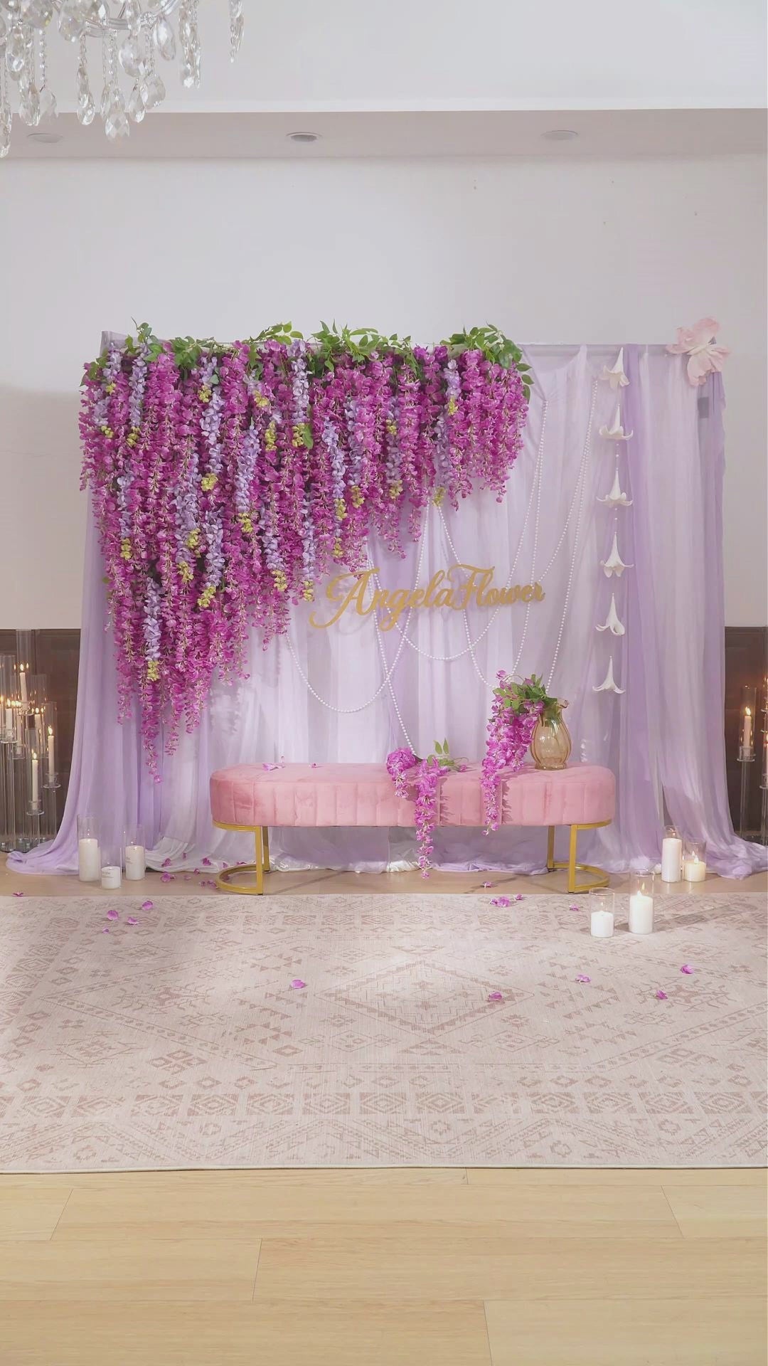 ホーム Artificial Hanging Wisteria Cloth Base Flower Wall Wedding Garden ...