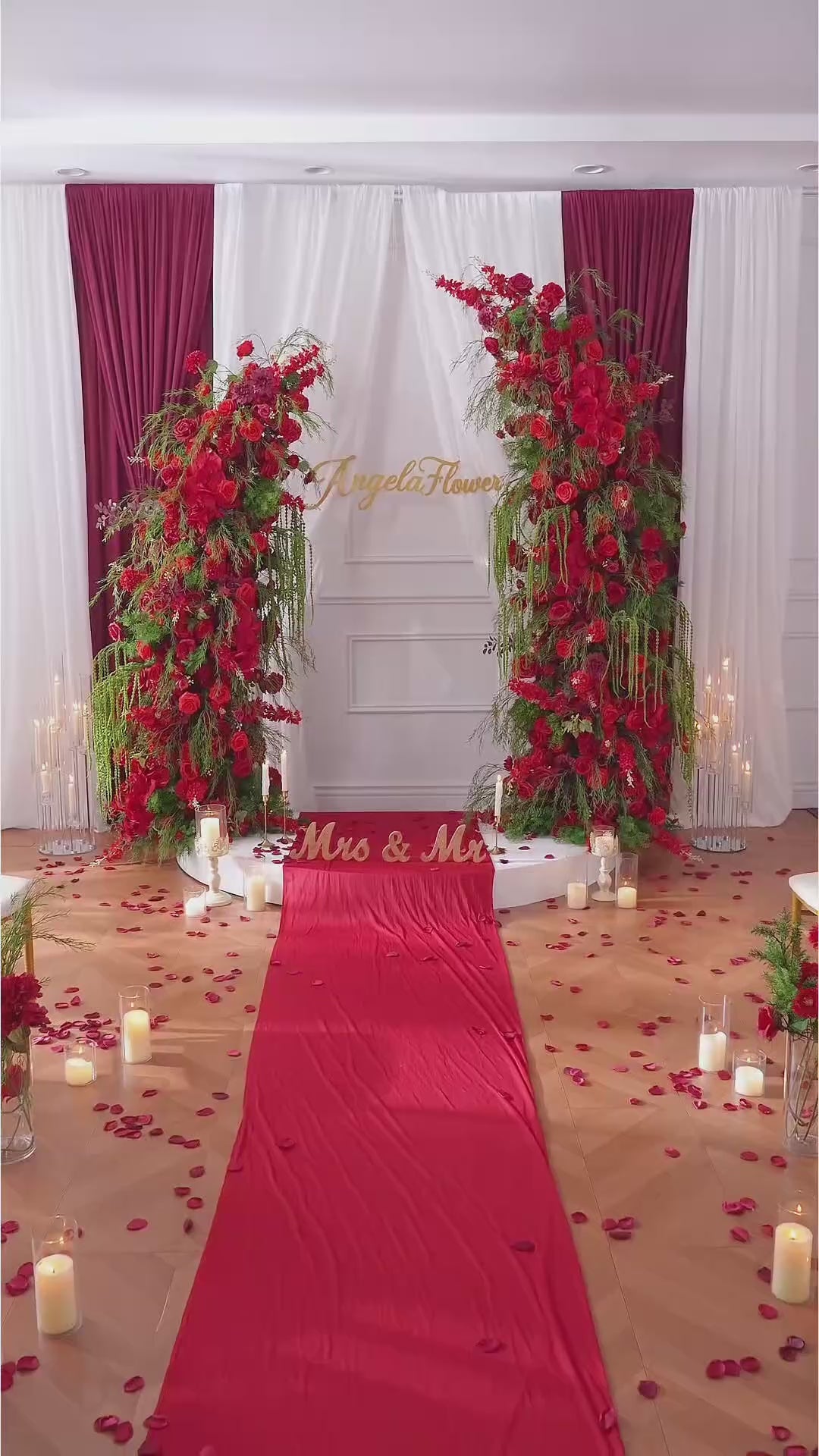 A9158 Red Delphinium Vine Flower Arrangement Cloth Base Horn Arch