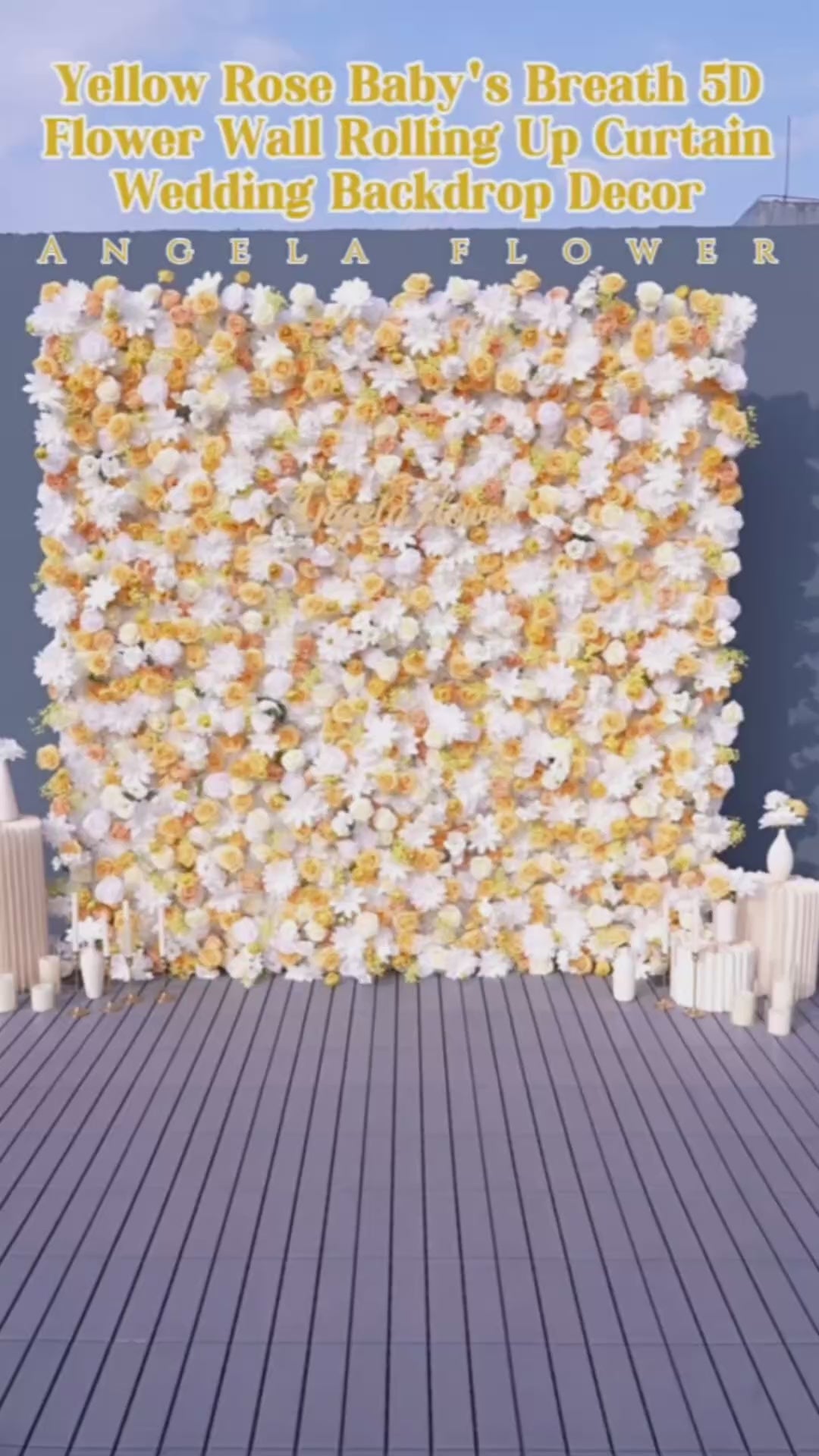 A9077 Yellow White 5D Flower Wall Rolling Up Curtain Outdoor