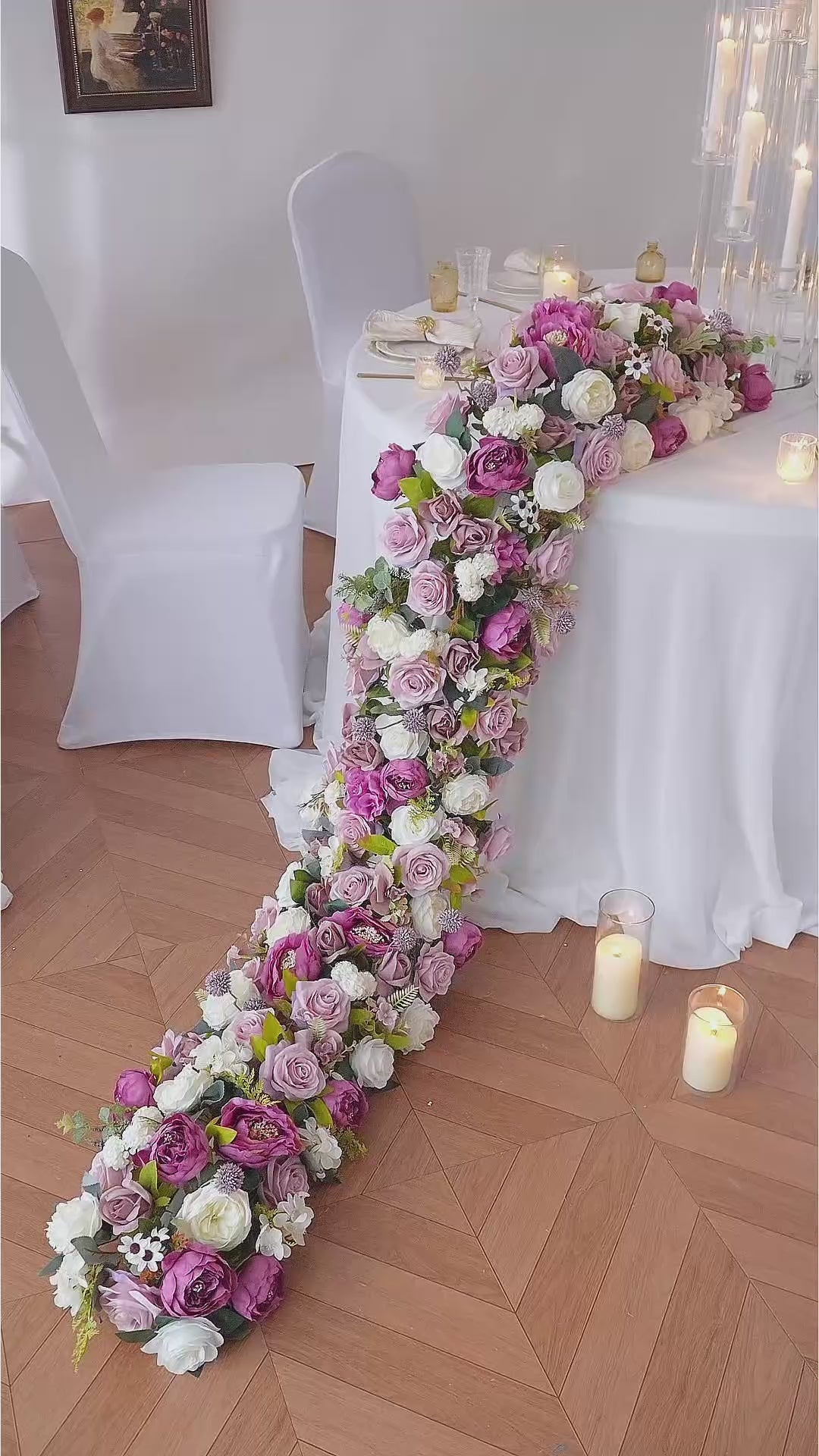  Long trailing silk floral garland in mauve, pink and cream white for wedding reception