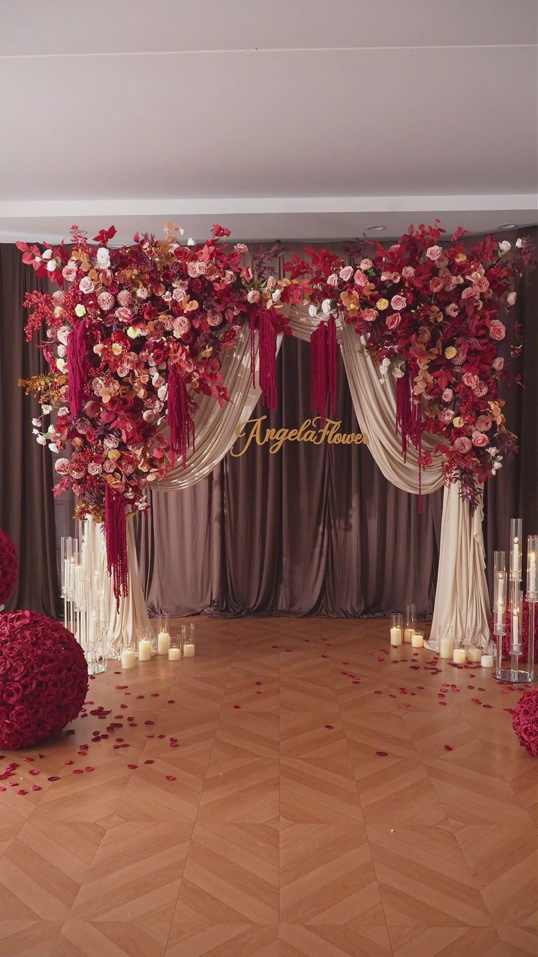 luxury burgundy red wedding backdrop arch flowers