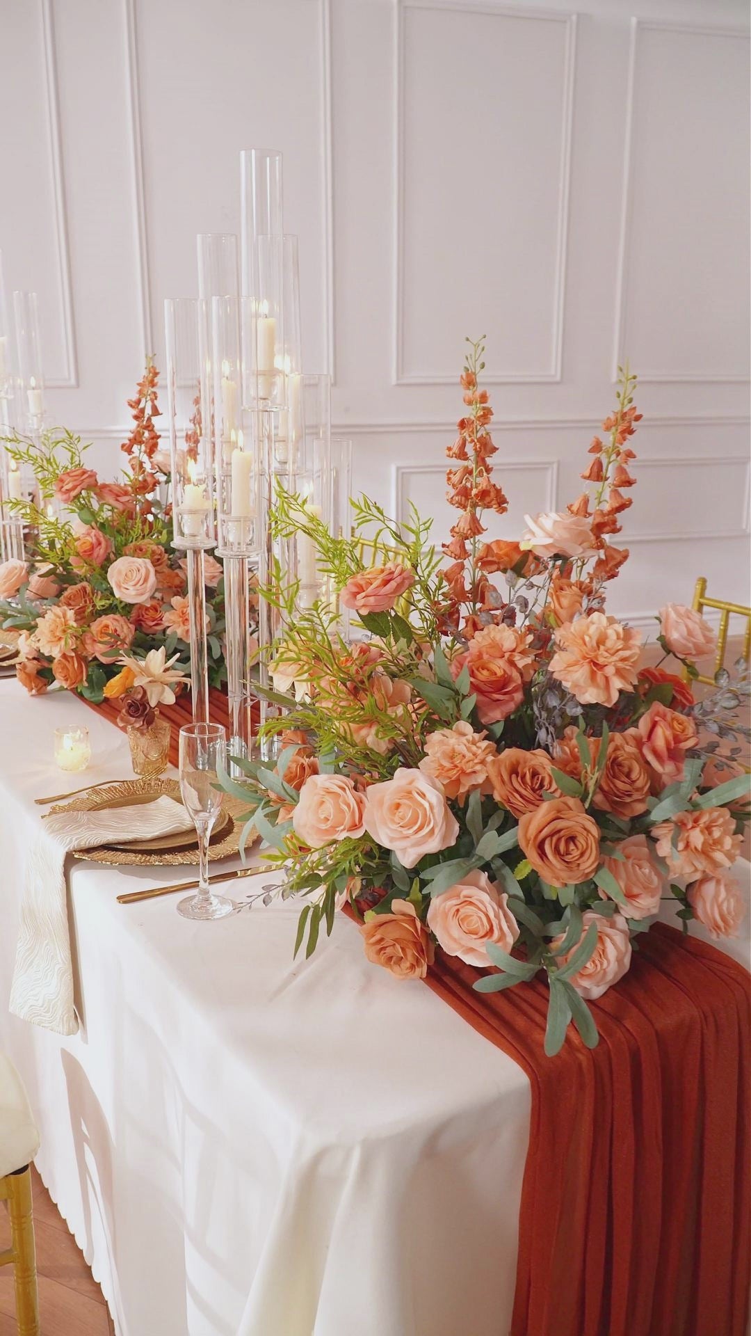 Autumn artificial rose table centerpiece set for long wedding reception dining tables