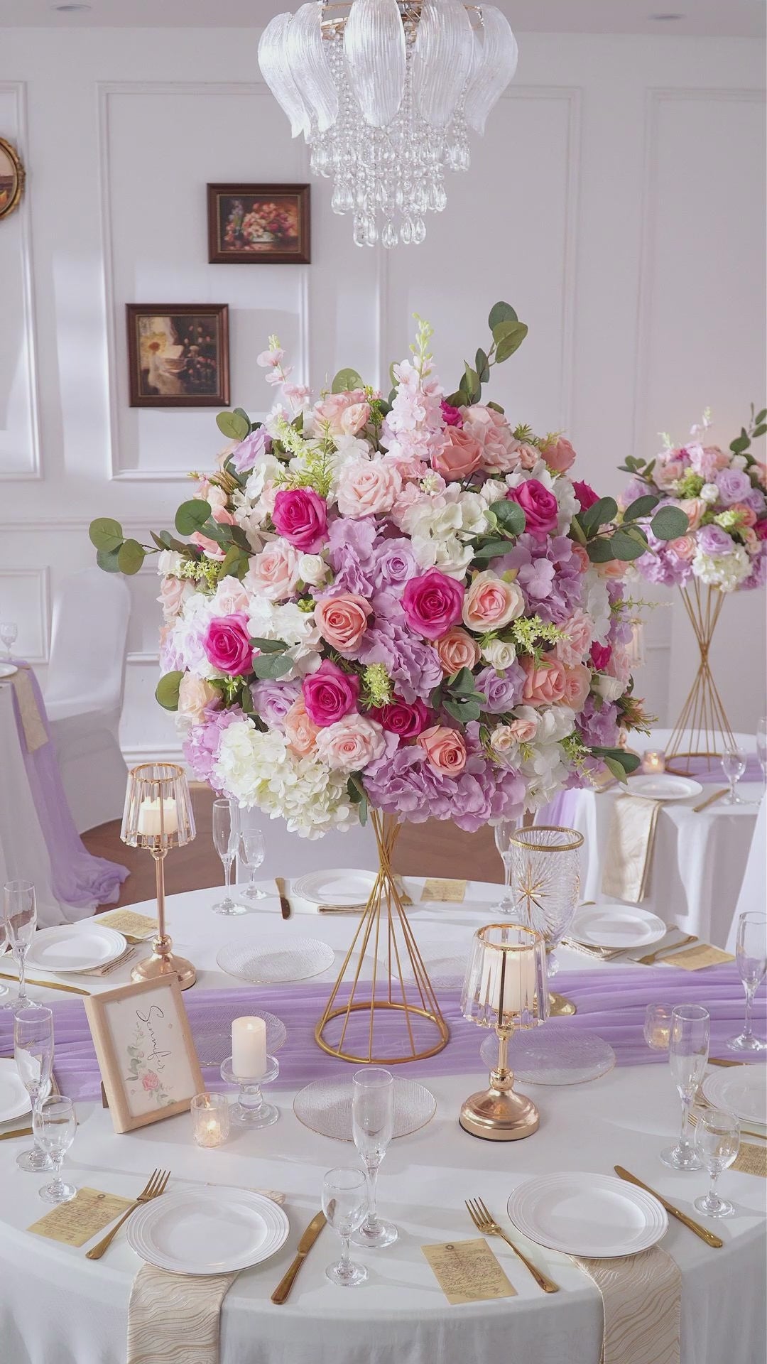 Fuchsia rose & lavender hydrangea faux floral arrangement for long banquet table