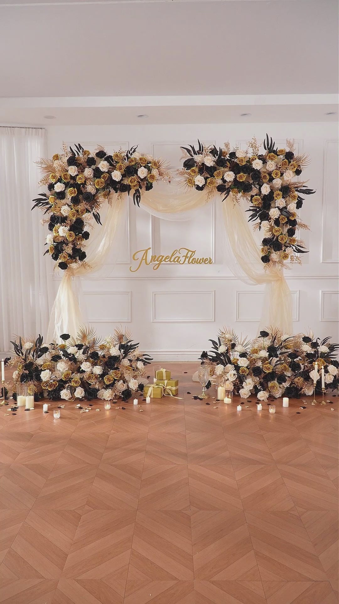 Luxury black gold silk flower arbor decor for ceremony