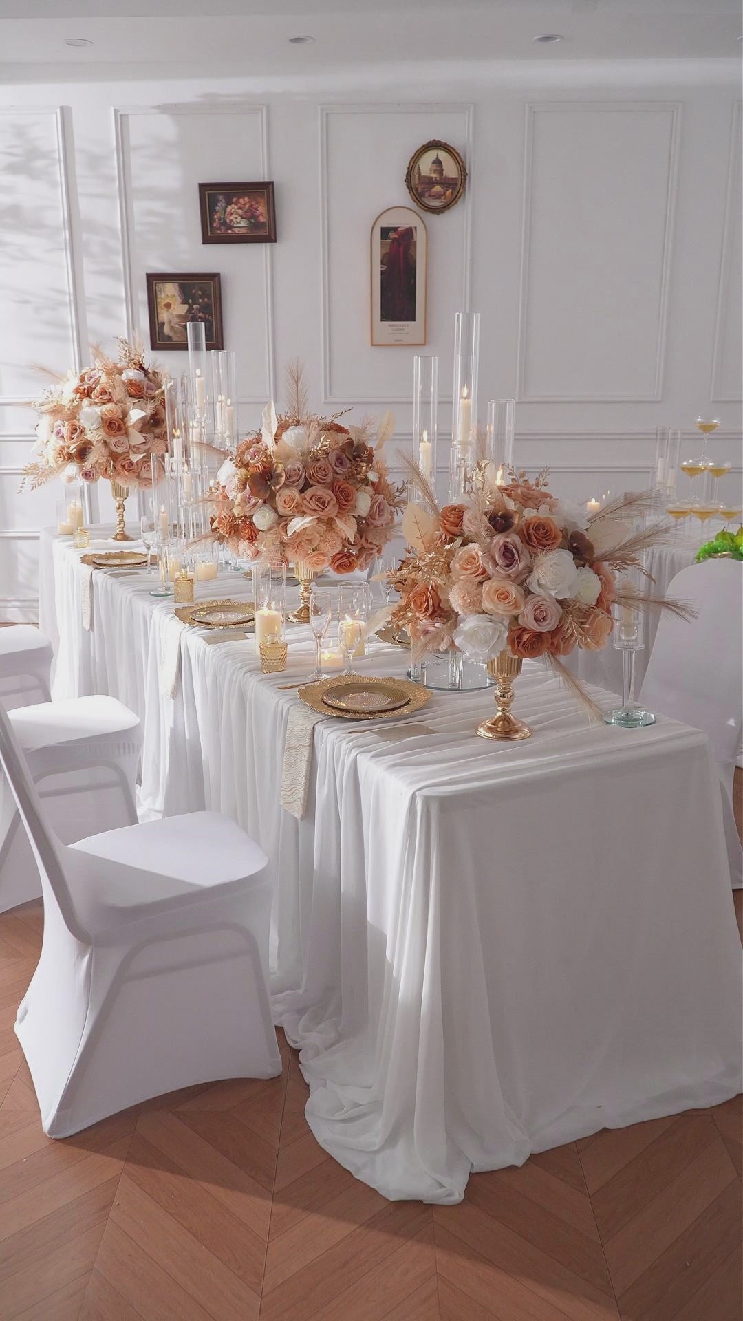 Boho faux rose and pampas grass table floral arrangement for long banquet table
