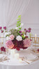 Elegant faux hydrangea, dahlia and white rose vase arrangement for banquet dining decor