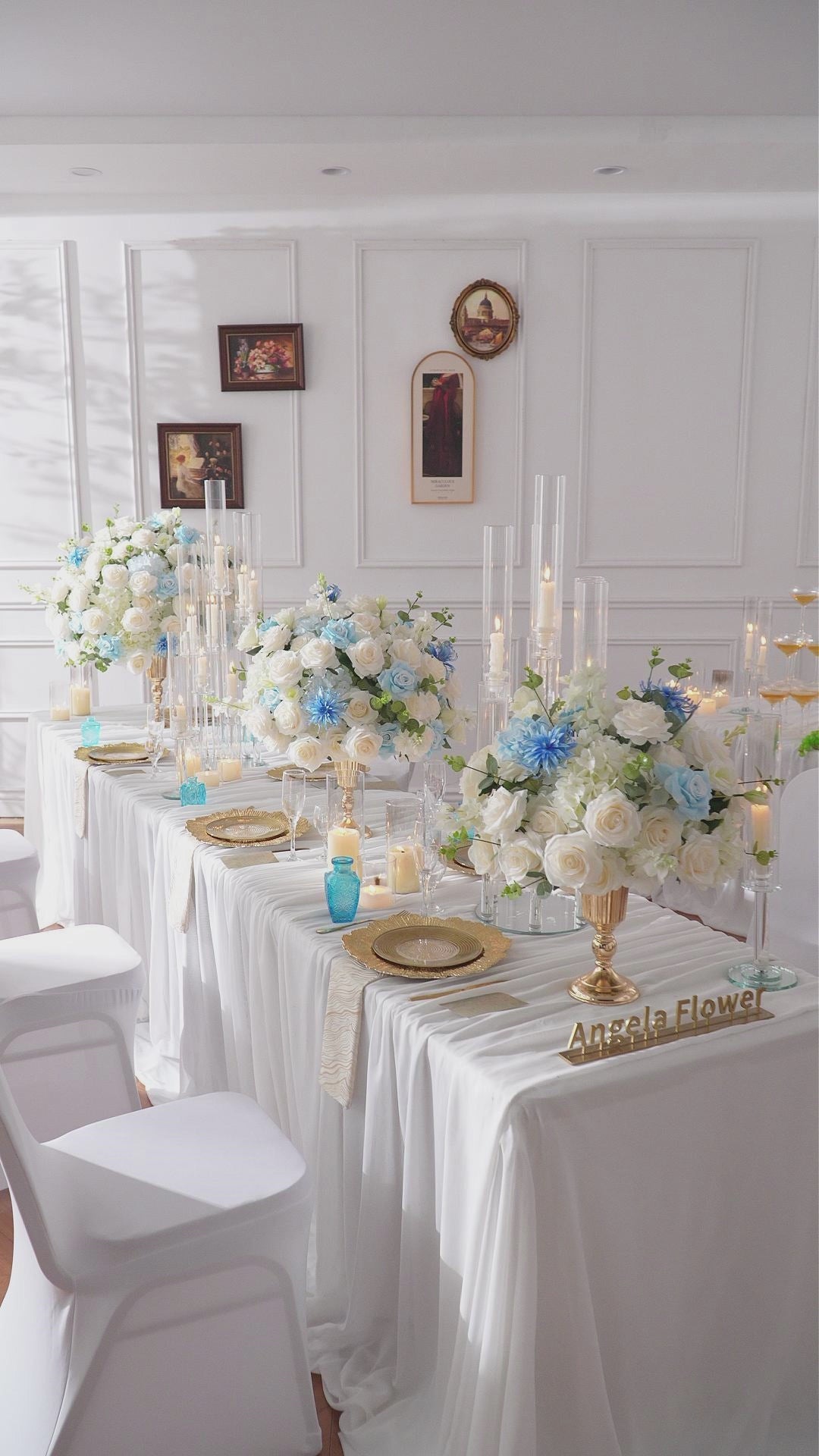 Faux cream rose dusty blue hydrangea table flower arrangement