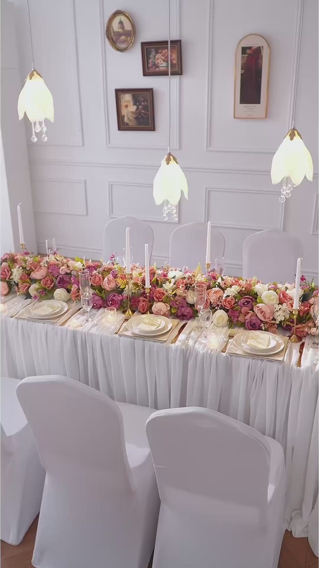 Long trailing silk floral for wedding bridal head table, mixed peony, rose for indoor banquet tablescape