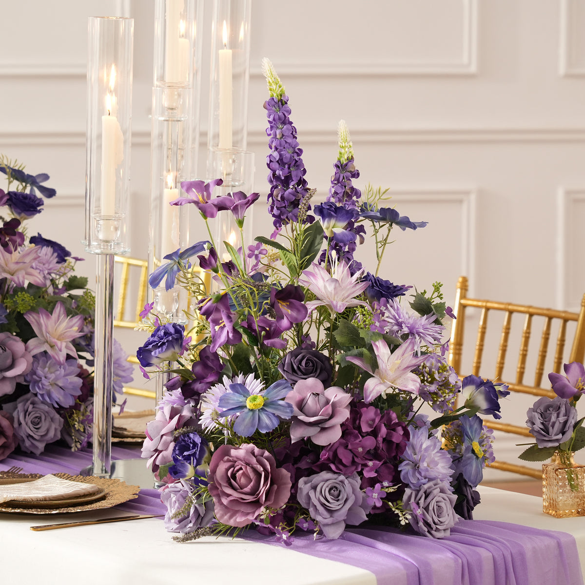 Plum purple mixed bloom artificial floral table centerpiece for events