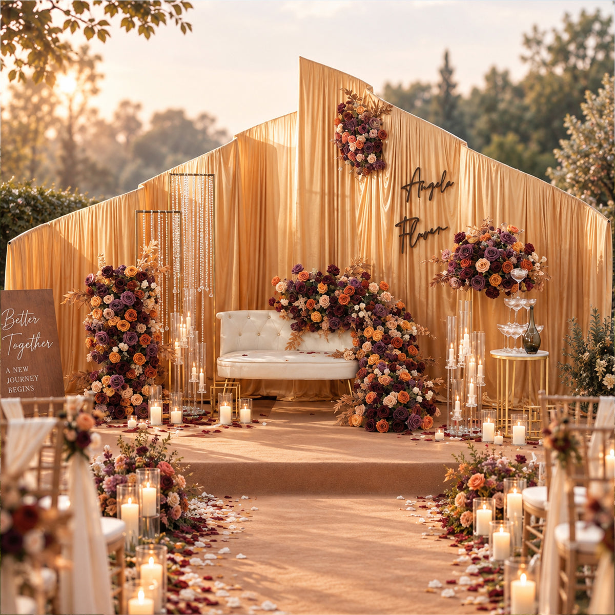 Rustic fall wedding floral installation with plum, burnt orange and cream artificial blooms