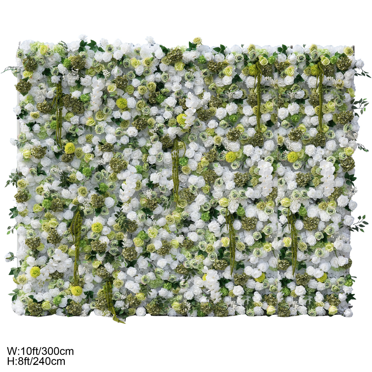 Elegant botanical faux flower wall panel, white ivory roses and green foliage for wedding and party photo decor
