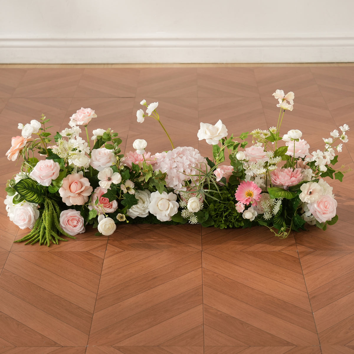 faux long flower arrangement for wedding head table decor