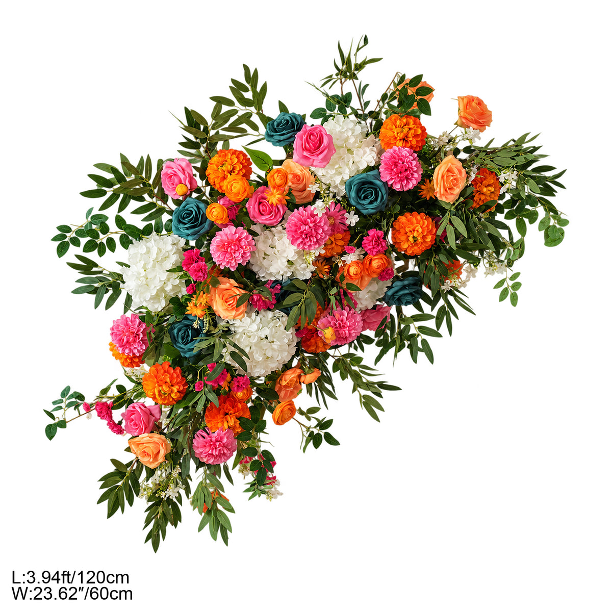 Wedding reception table setting with sunset floral centerpiece