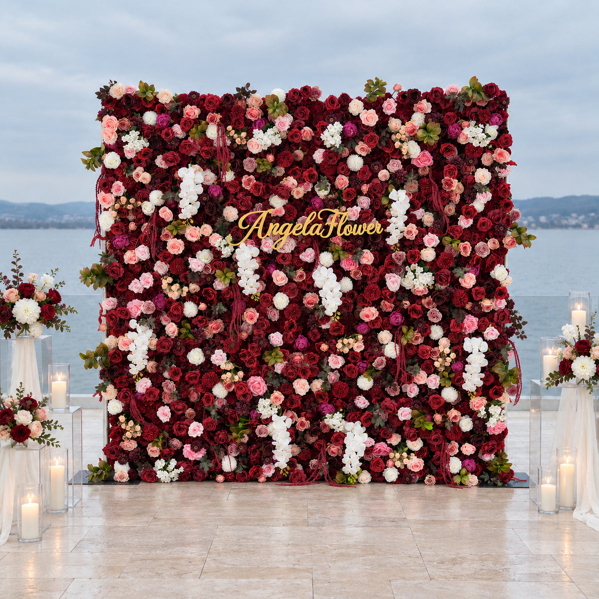 Deep burgundy flower wall set against white panel interior wall