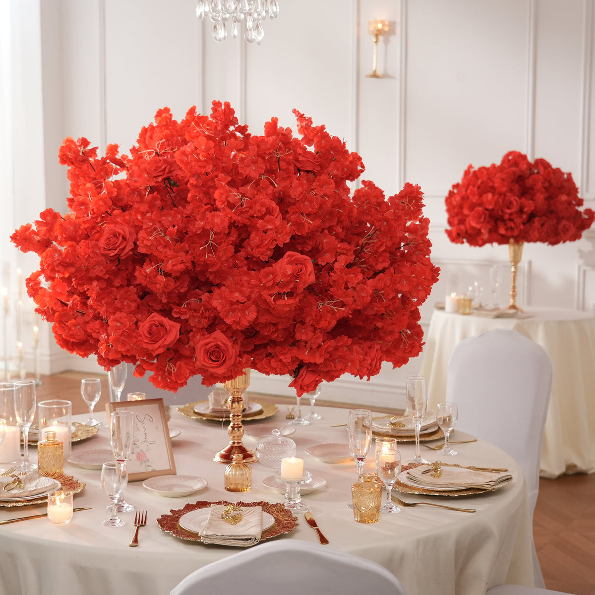 Vivid red floral cloud ball for dramatic event focal point