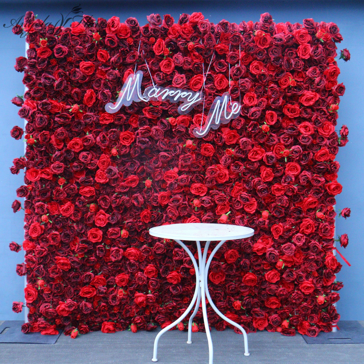 Rich burgundy artificial rose panel for bridal shower and engagement party backdrop