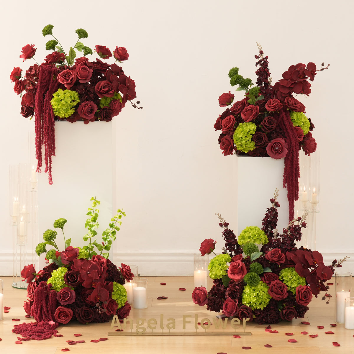 Deep red rose and phalaenopsis orchid floor floral for wedding aisle decor