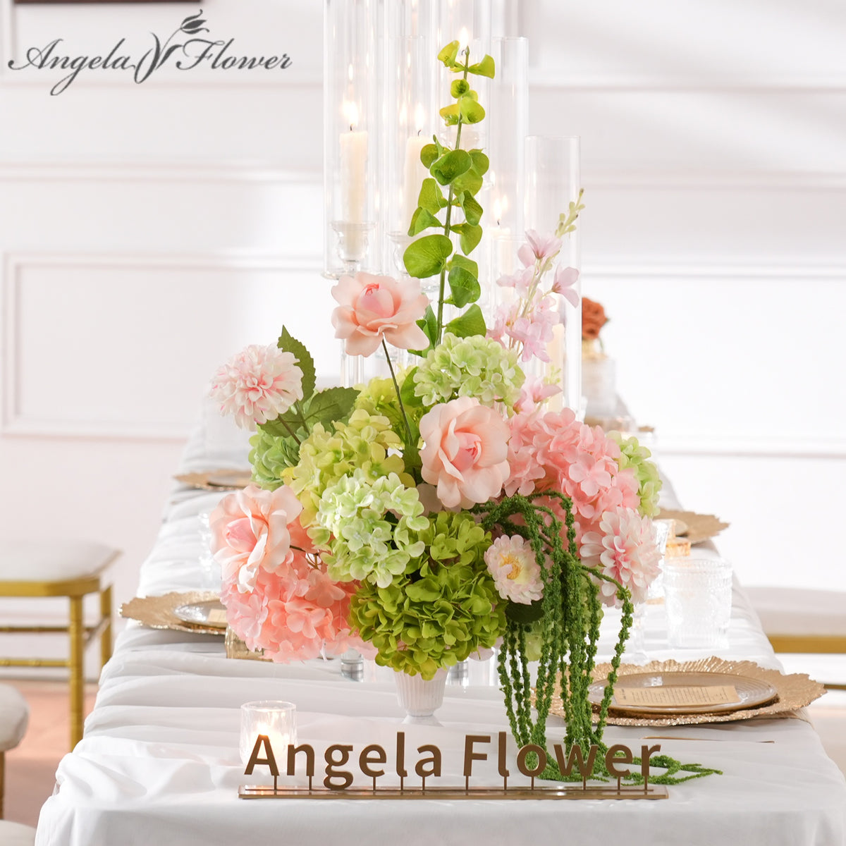 Blush pink green artificial flower table centerpiece for wedding reception tables