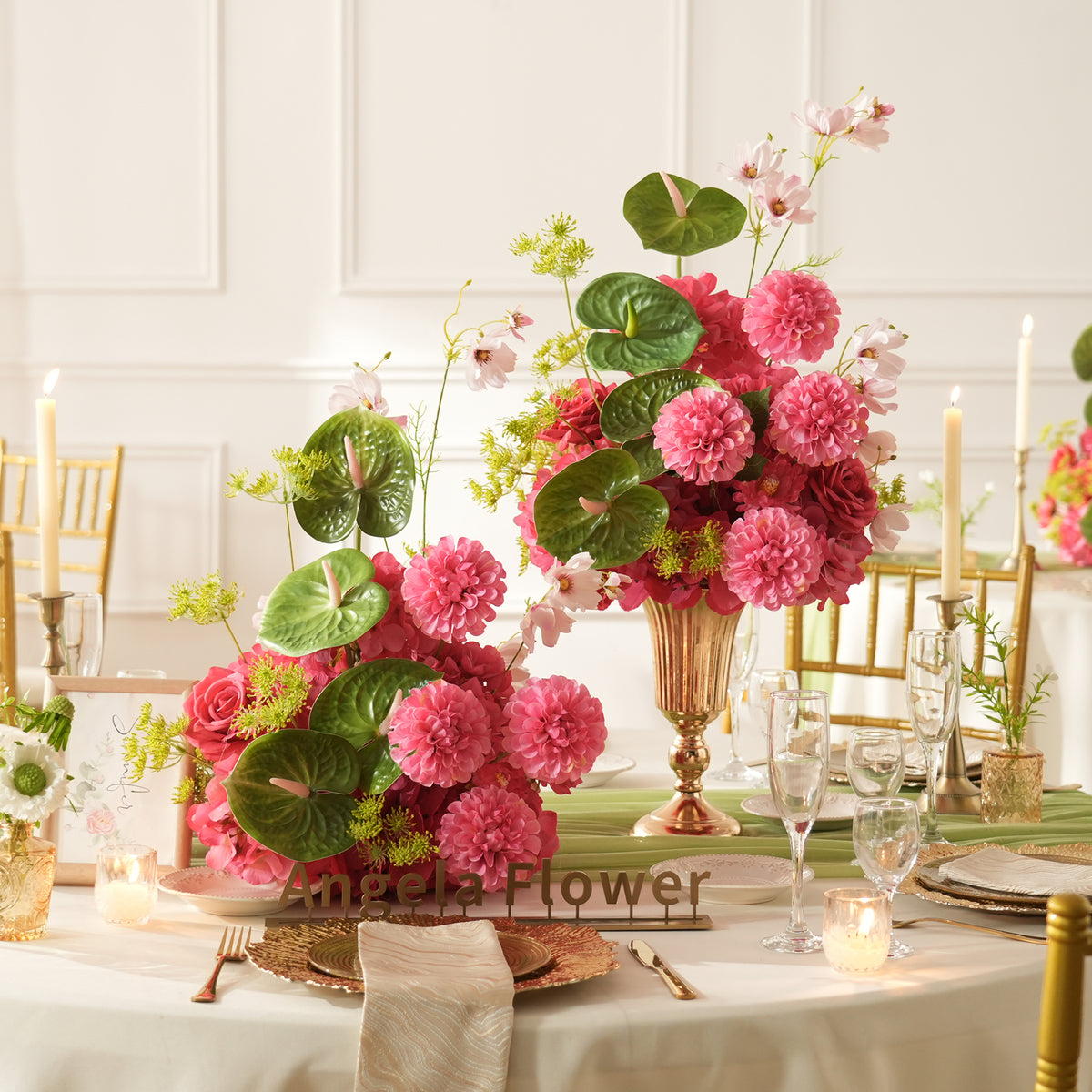 Pink dahlia wedding table centerpiece artificial flower arrangement