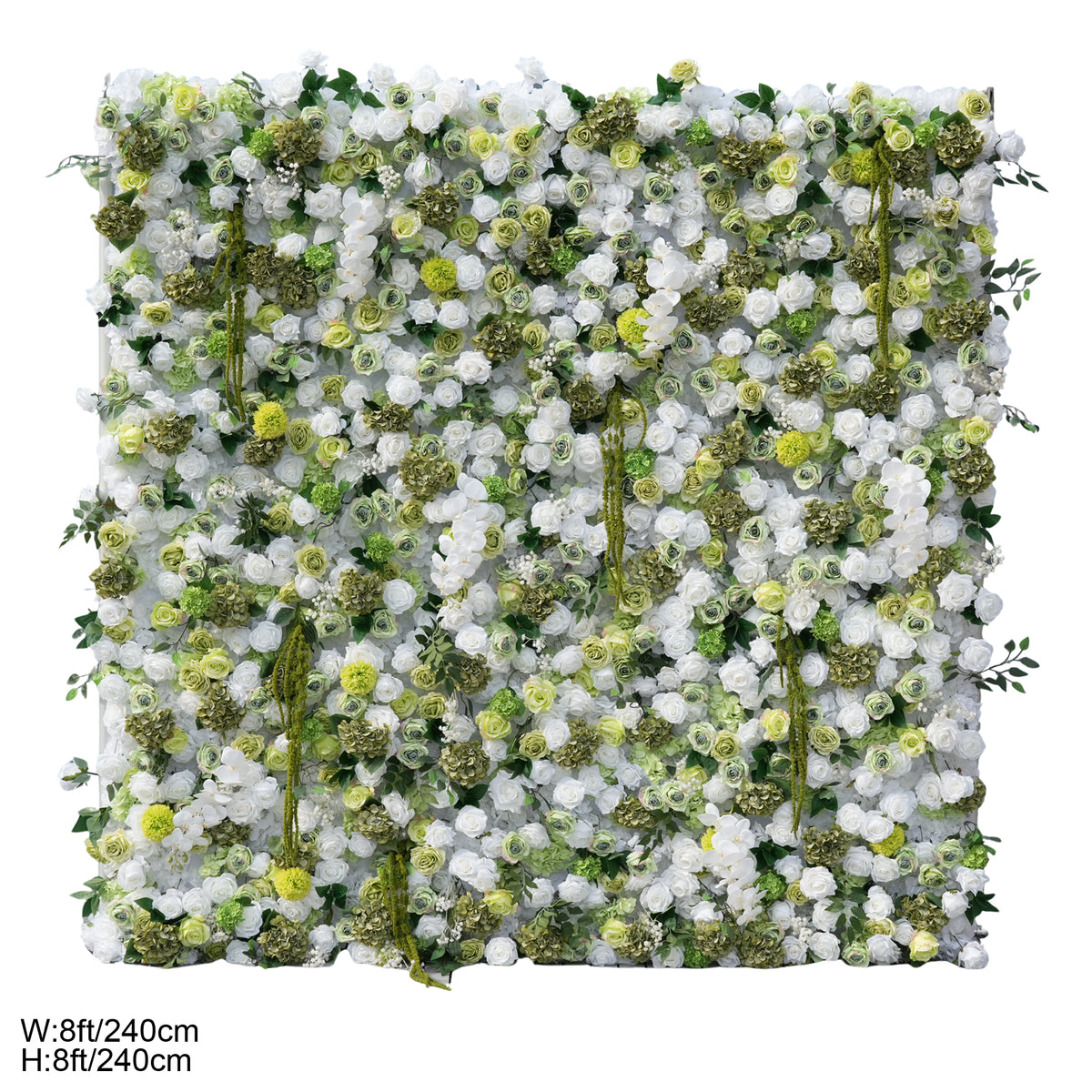High‑density white green fake floral wall, lush mixed blooms for wedding reception photo backdrop decoration