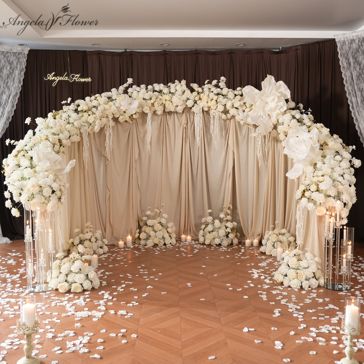 Outdoor wedding mockup scene with white rose moon arch decor