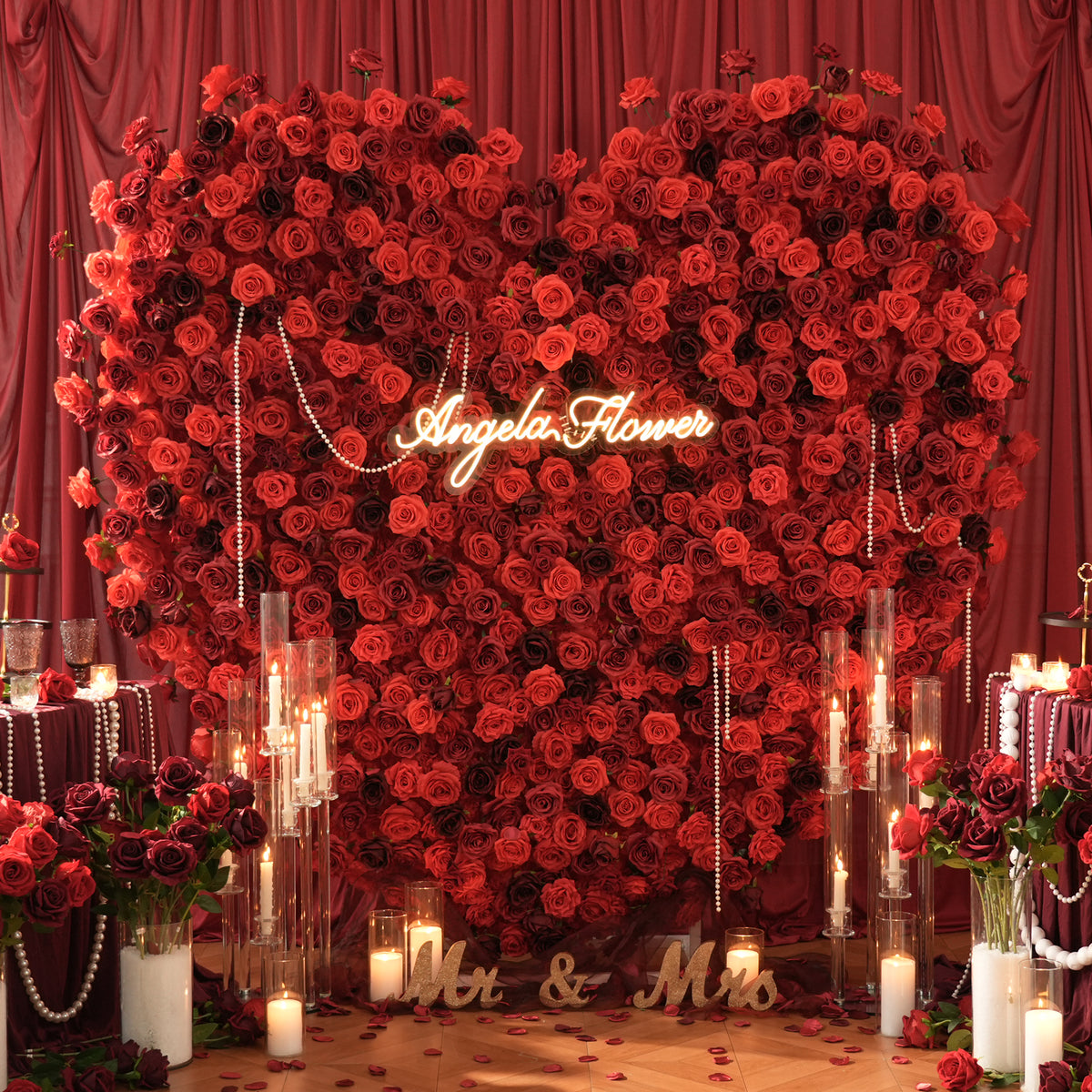 Romance red heart floral backdrop for proposal party