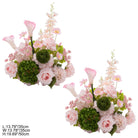 Detailed closeup view of blush pink faux floral centerpiece with poppies, calla lilies and green hydrangeas