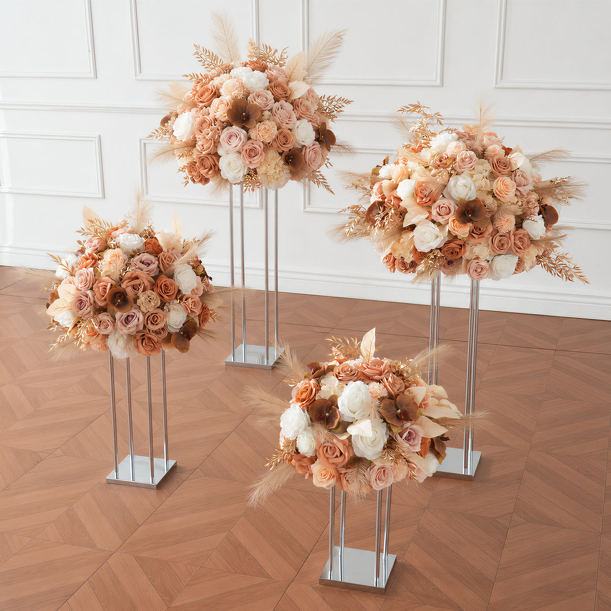 Earth tone faux floral decor fit for gold pedestal vase for wedding banquet