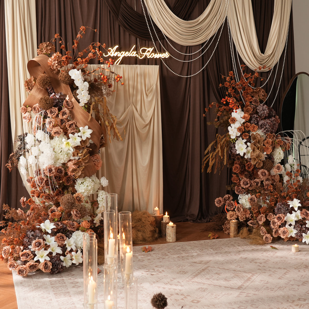 taupe ivory lily wedding arch flowers