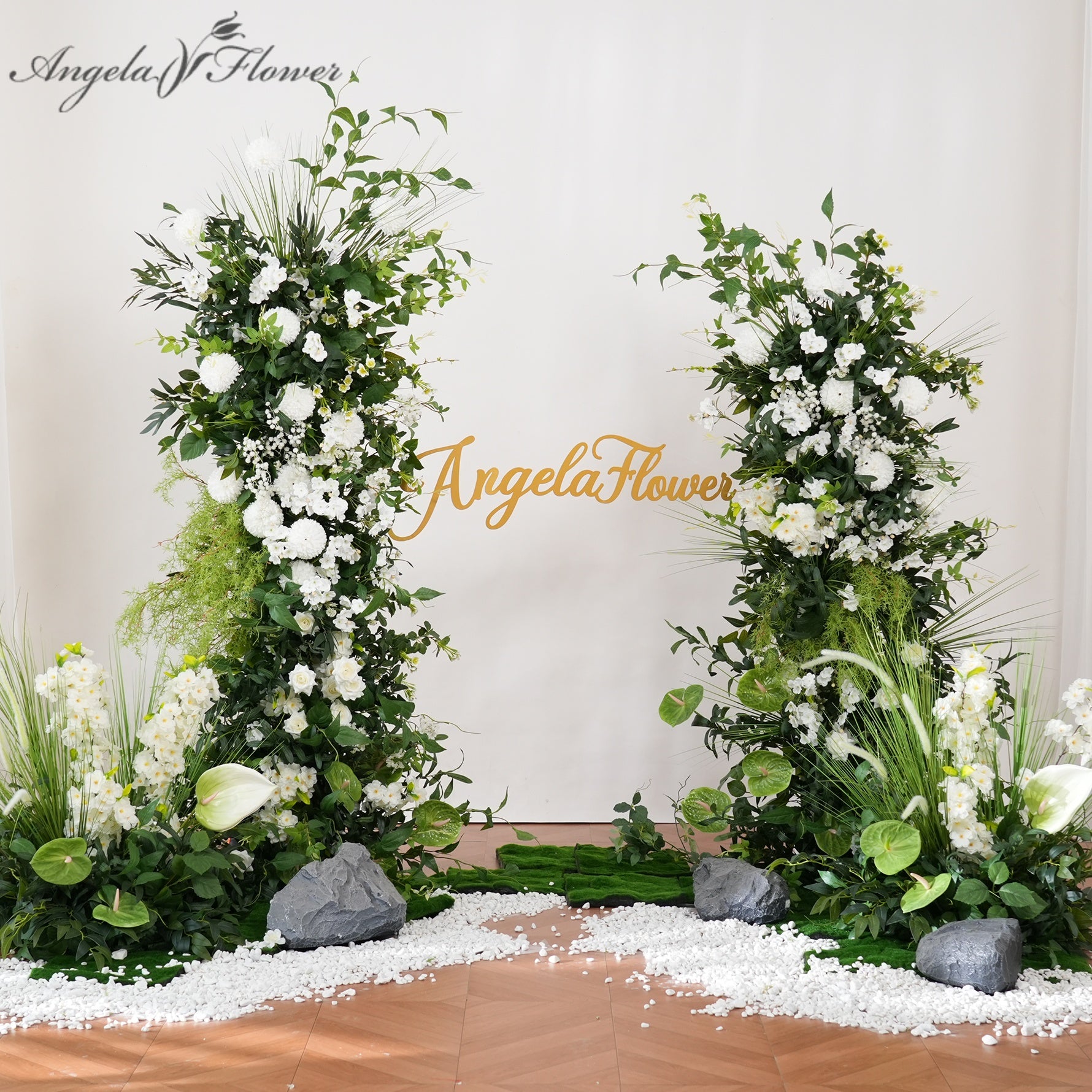 White Pompom Green Leaf Wedding Entrance Flowers
