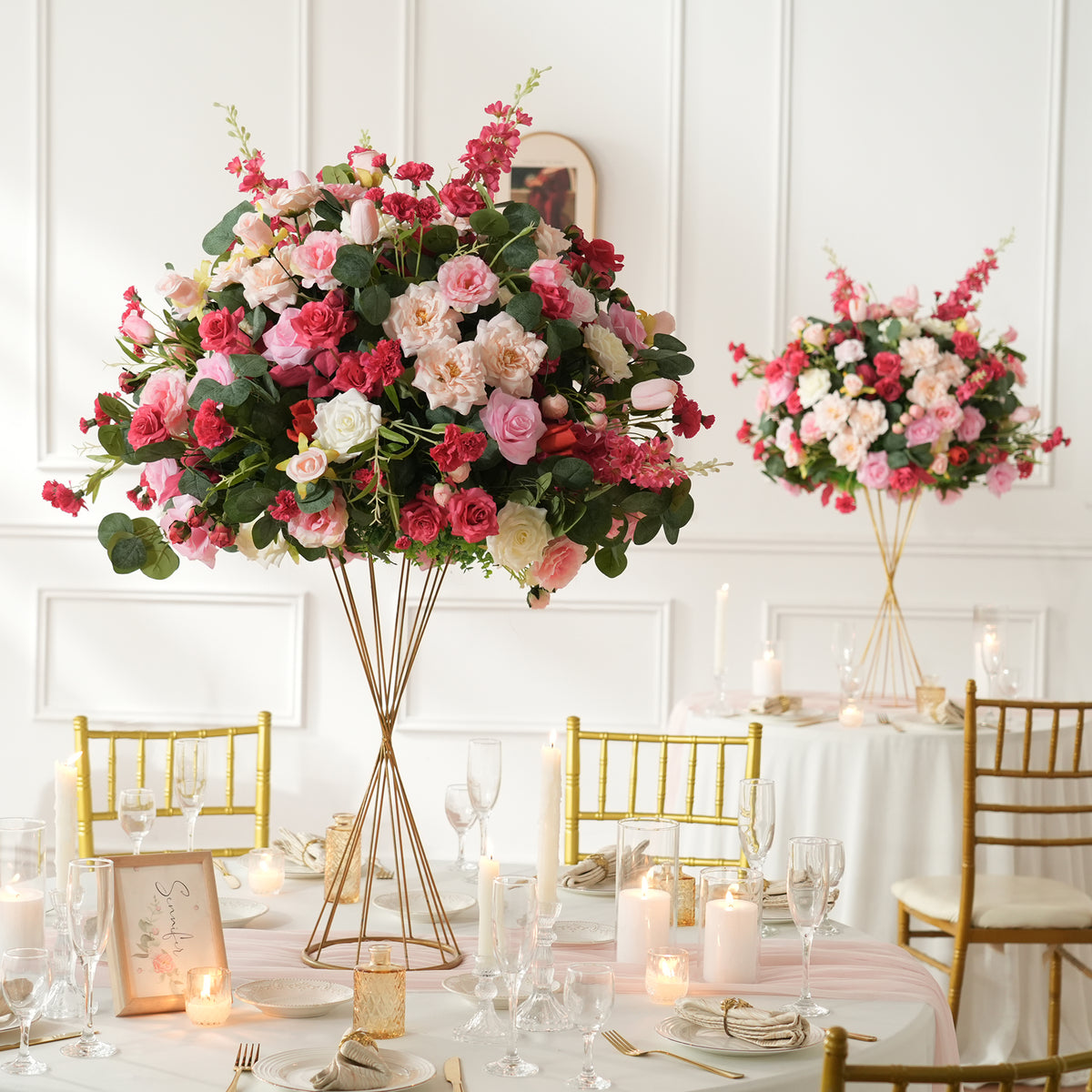Fuchsia blush ivory faux flower bouquet for tall vase, elegant wedding ceremony table centerpiece decor