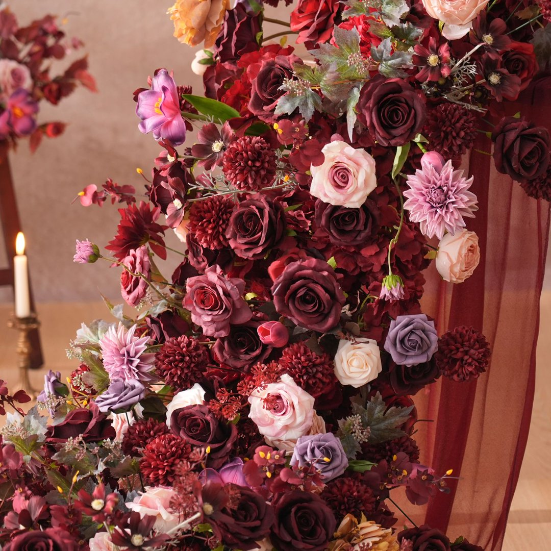 artificial-flower-runner-with-burgundy-rose-arrangement