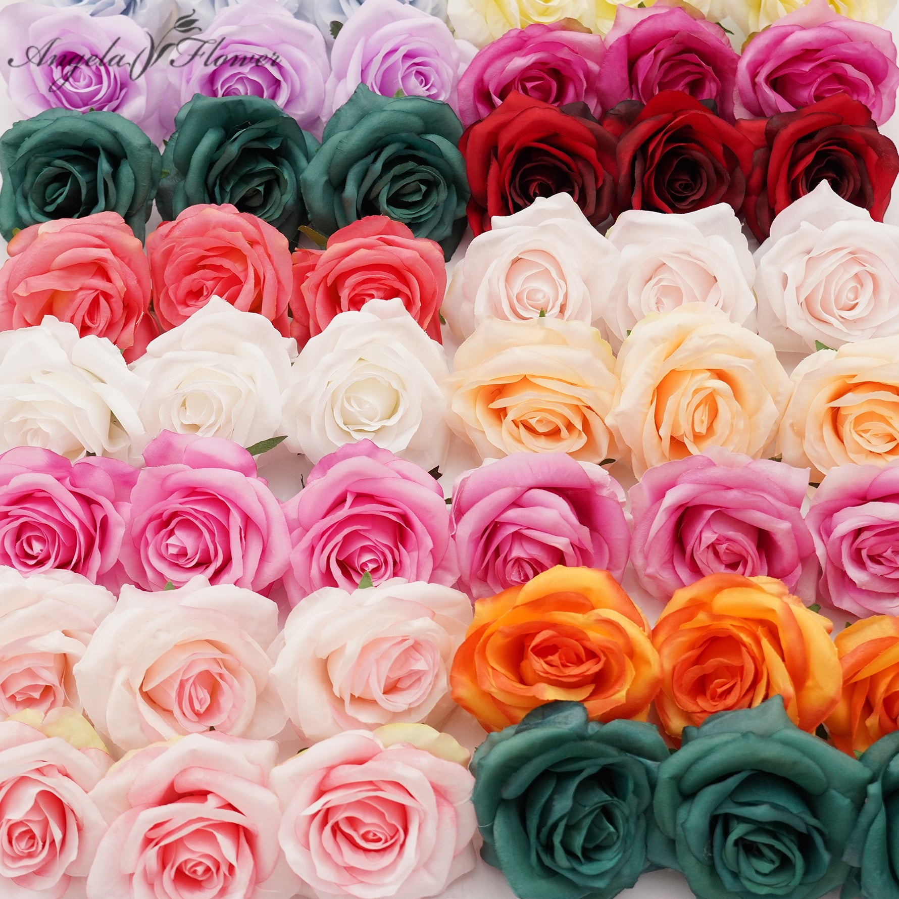 Colorful artificial rose heads in multiple shades for DIY floral arrangement
