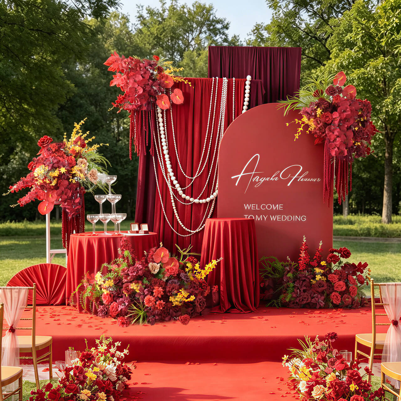 A9124 Burgundy Orchid Palm Hanging Vine Flower Arrangement Aisle