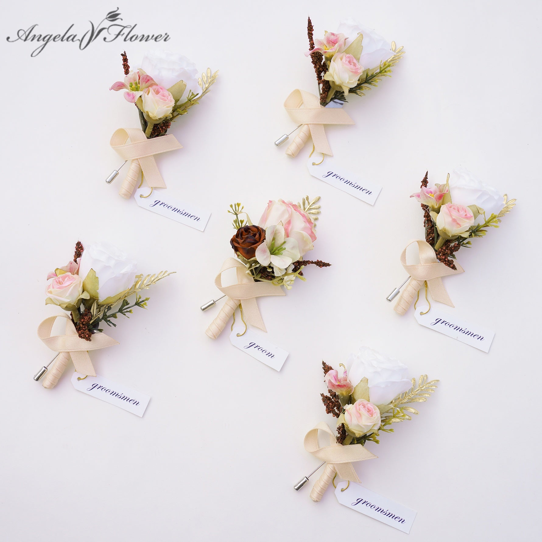 6pcs/set Artificial Pink Rose Boutonniere Set For Groomsman
