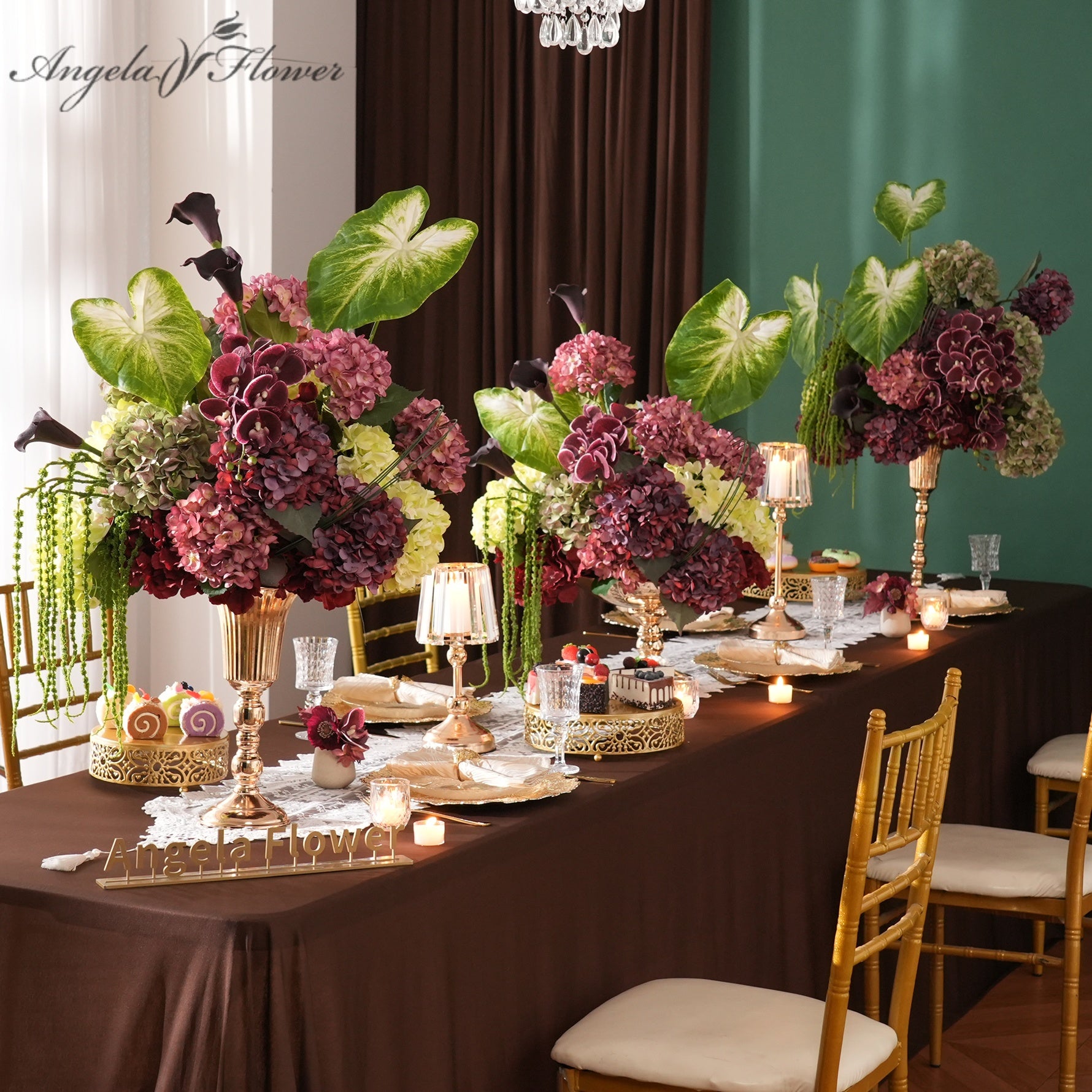 Burgundy Hydrangea Hanging Floral Table Centerpiece
