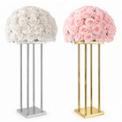 gold & silver pillar stands paired with round rose flower ball centerpieces