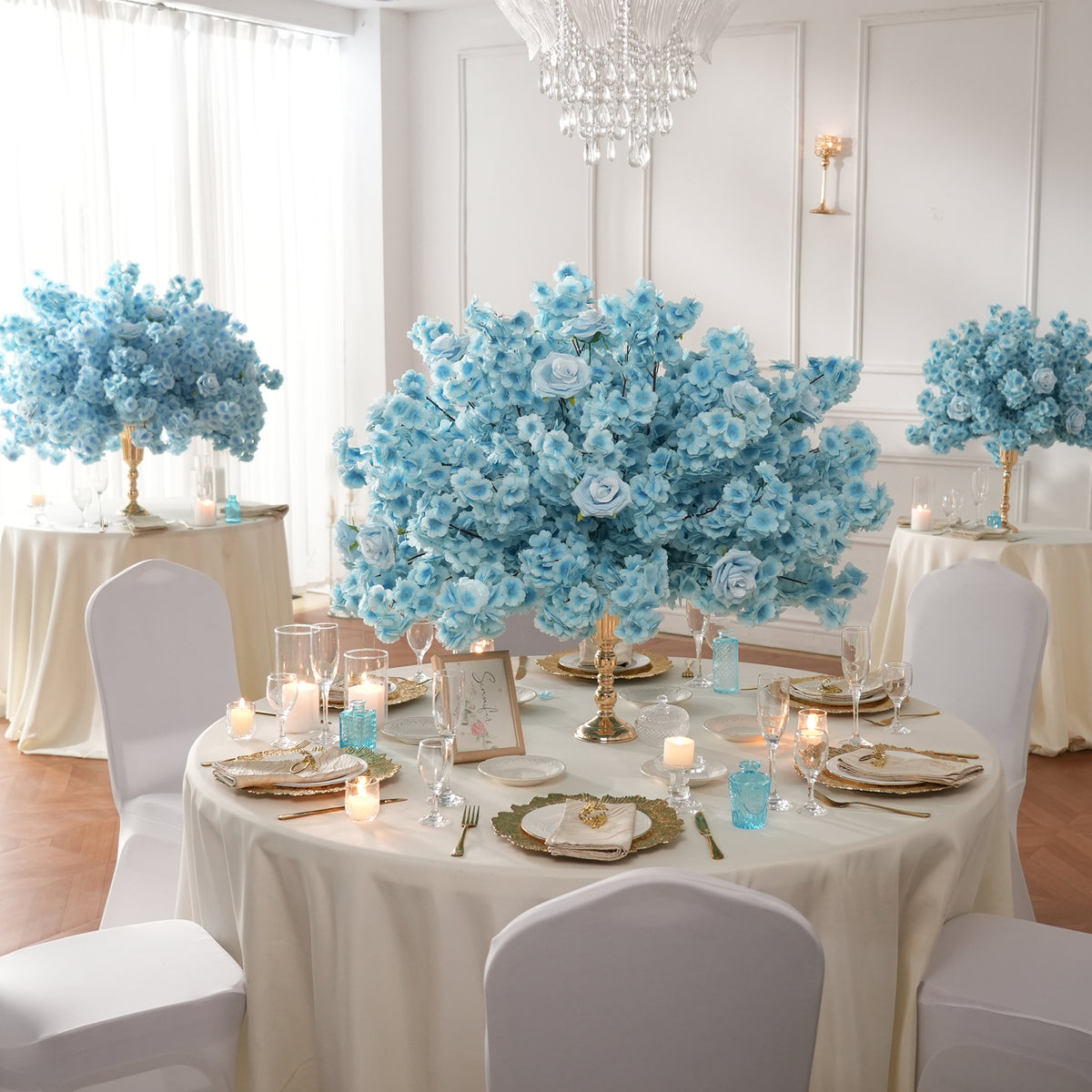 Azure blue flower ball on gold disc stand centerpiece