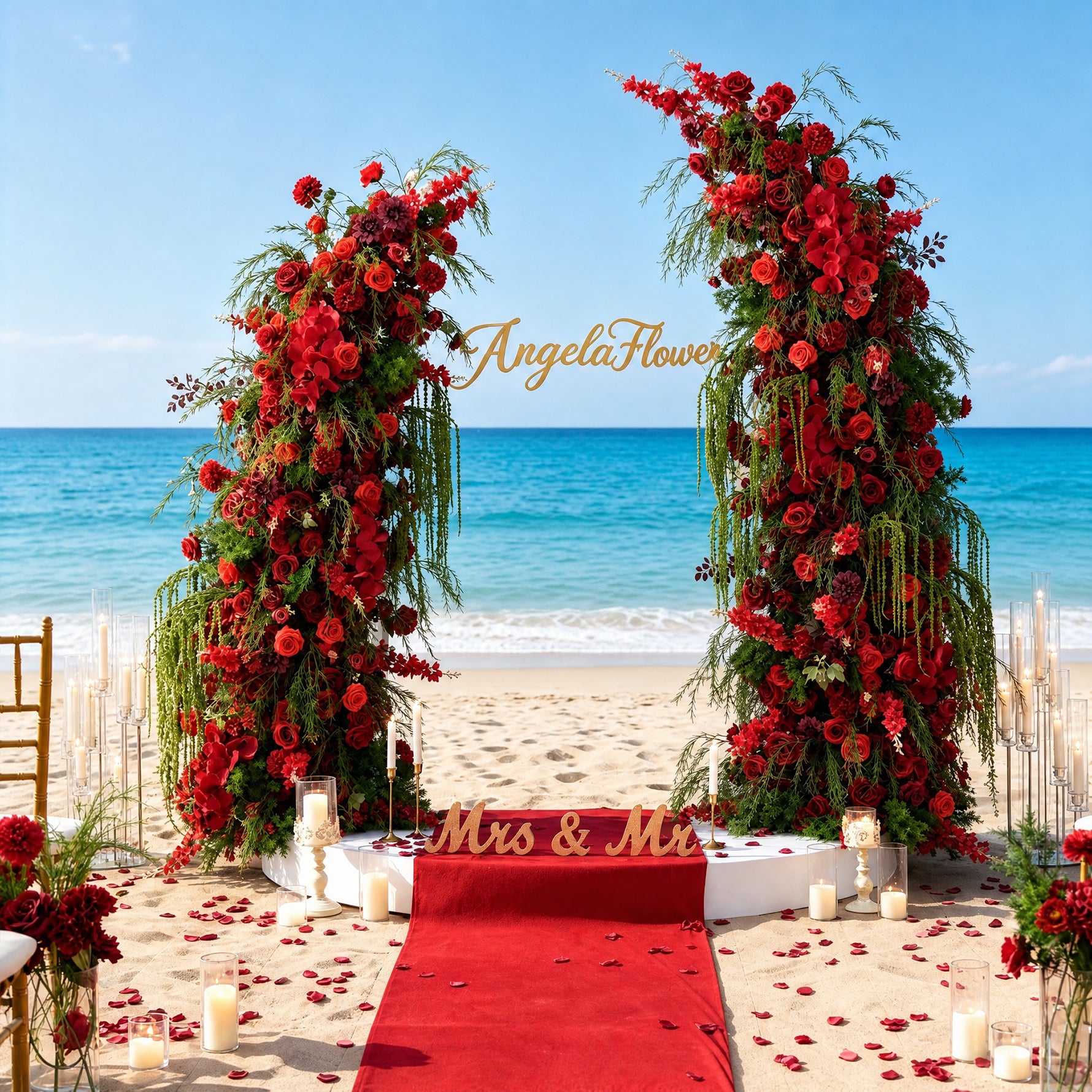 A9158 Red Delphinium Vine Flower Arrangement Cloth Base Horn Arch