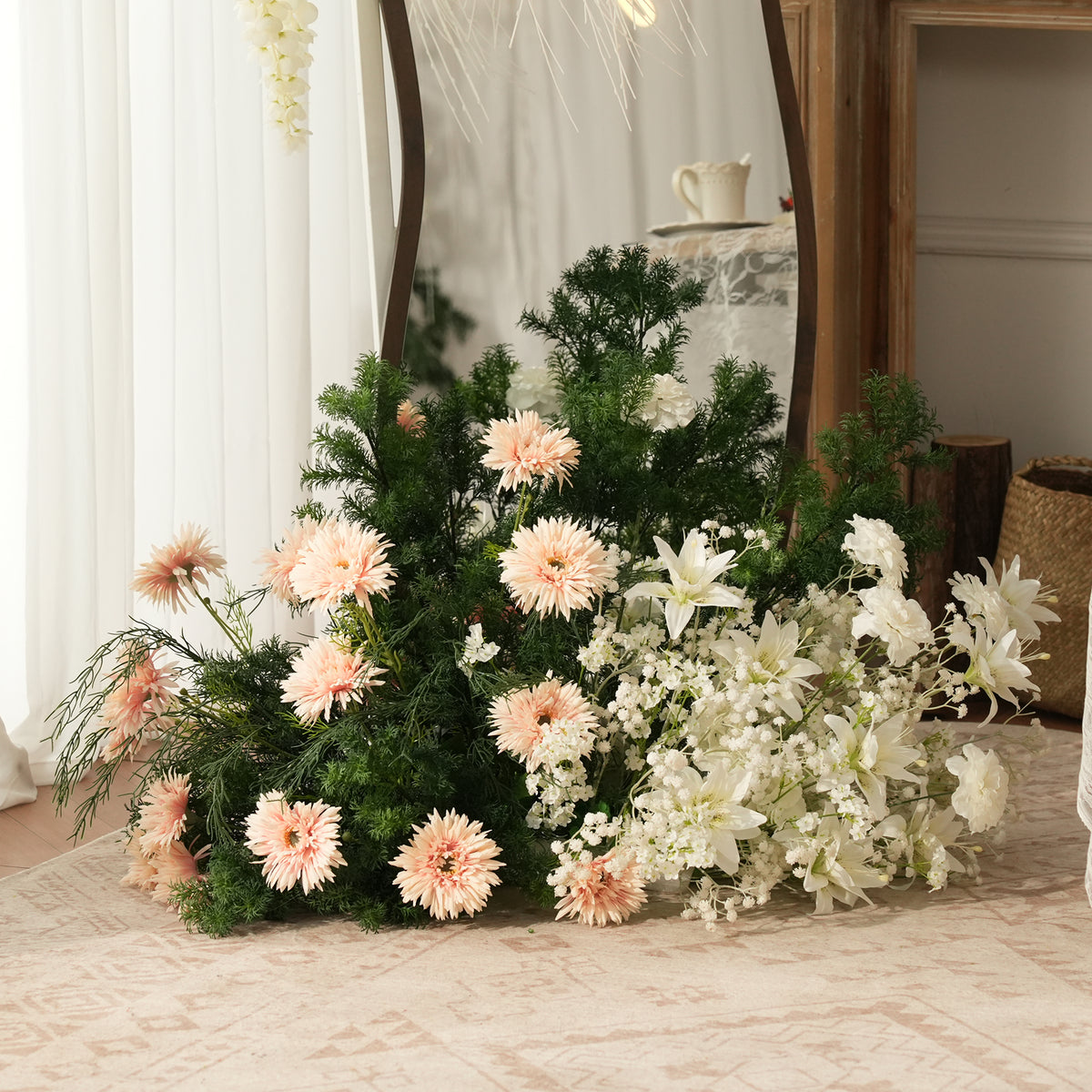 White ranunculus peony mixed blooms wedding flower arrangement