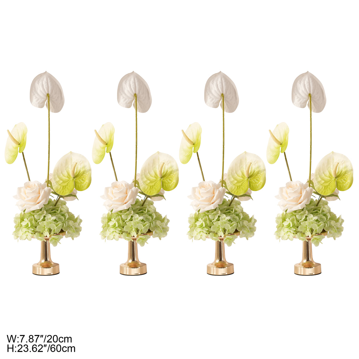 Floral centerpiece arranged in glossy gold compote vase