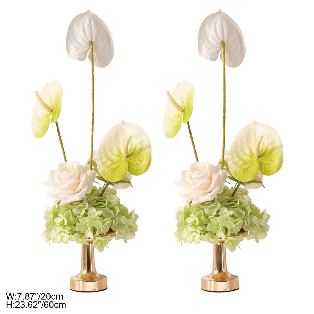Floral centerpiece arranged in glossy gold compote vase