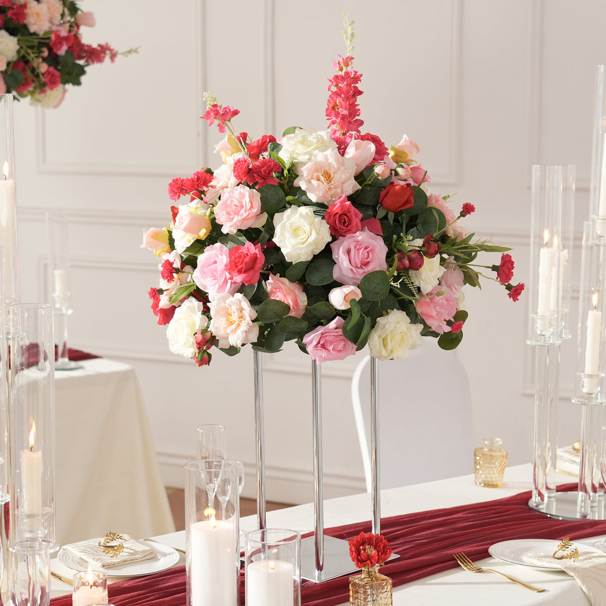 Elegant fake floral table centerpiece with mixed roses delphinium, perfect for wedding and party reception decor