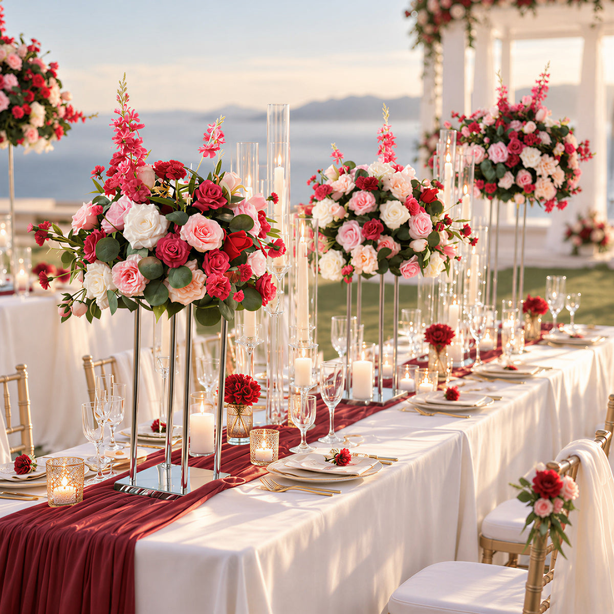 Luxury silk rose artificial flower centerpiece, blush pink red ivory blooms for wedding event table decoration