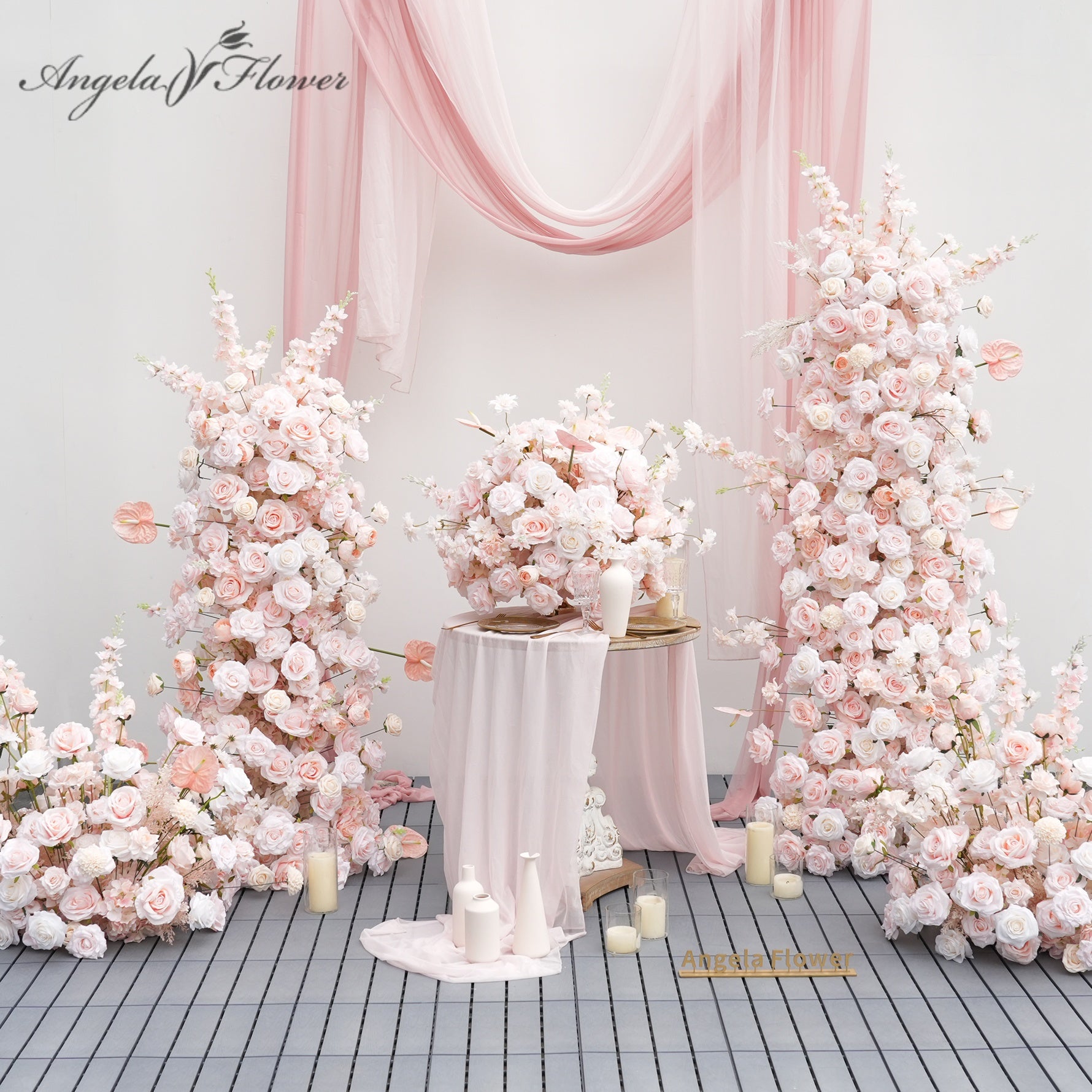 A9007 Pink Rose Plam Artificial Floral Row Table Centerpiece KT
