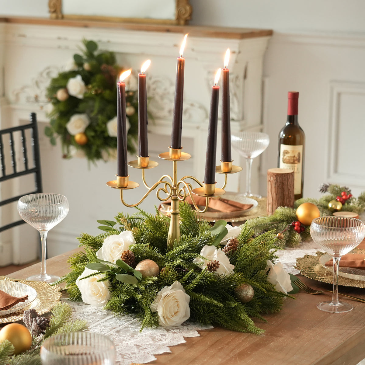 green table runner matched with white rose holiday centerpiece