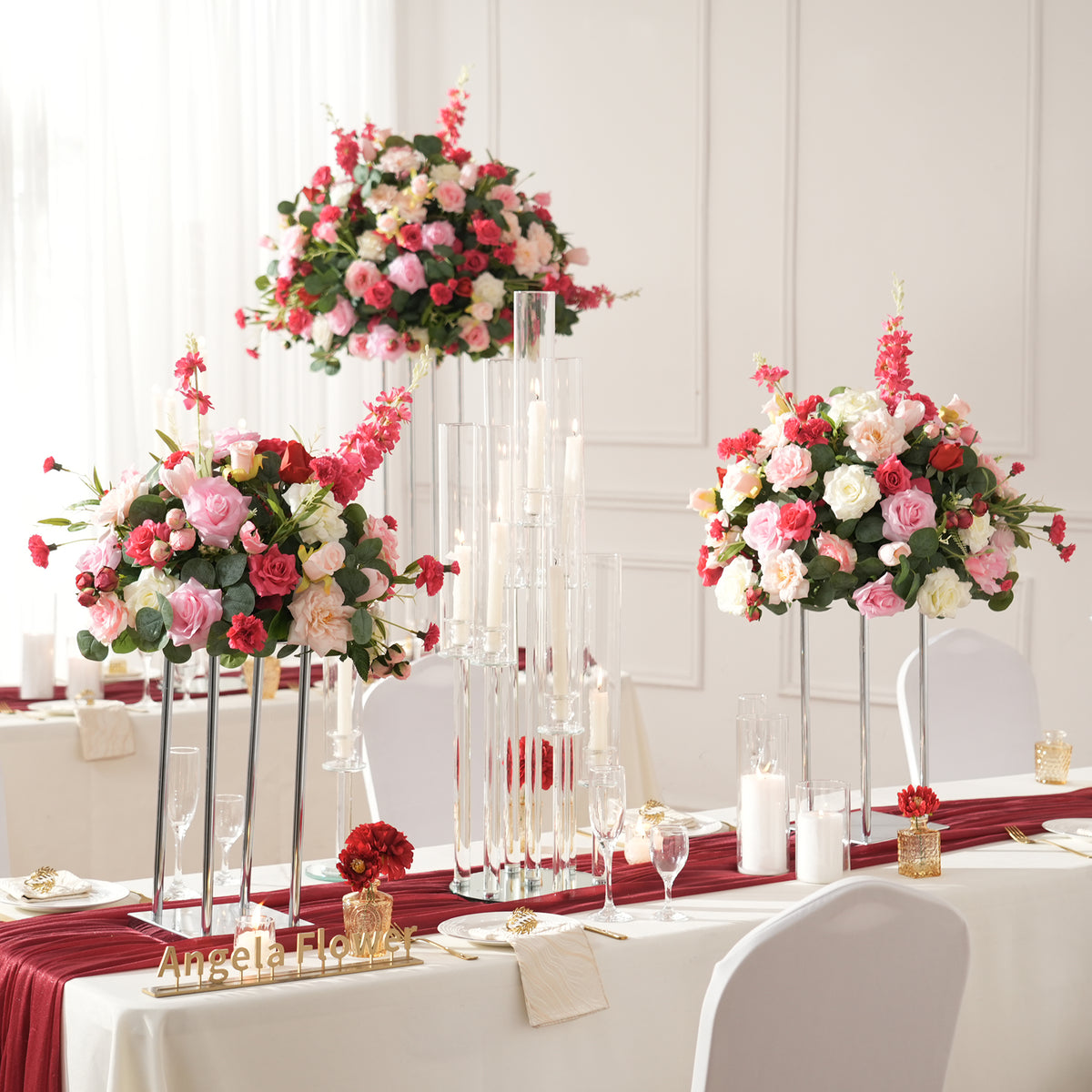 Vibrant mixed artificial rose floral arrangement, elegant wedding reception tall vase table decor