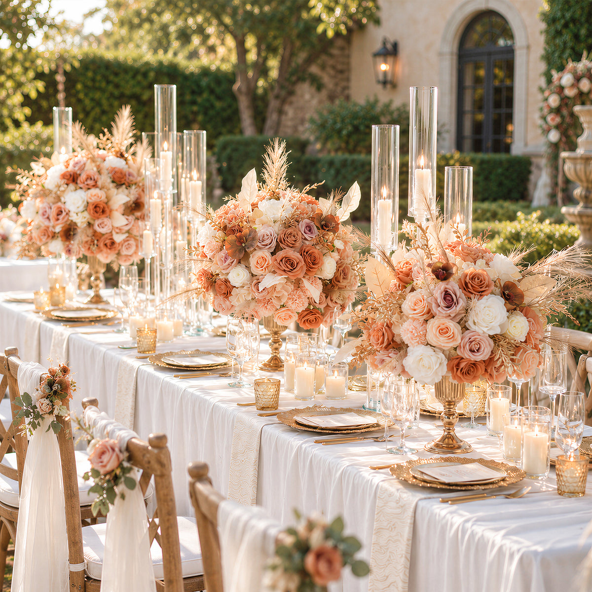 Warm earth tone silk flower table centerpiece with brown phalaenopsis orchid