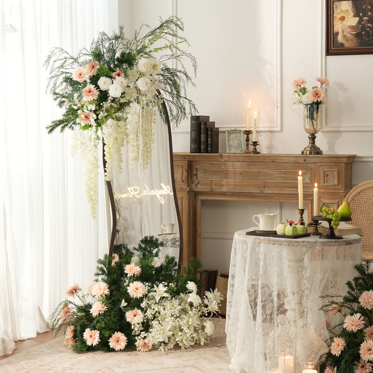 Bundle of hanging swag and floor flower for wedding backdrop build